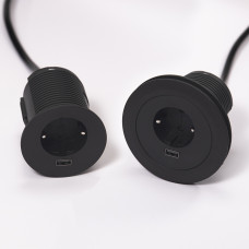 Встраиваемая розетка Versatag (1 силовая розетка + 1 USB 5V (1P),кабель -2м, диам. -80, черный ASA
