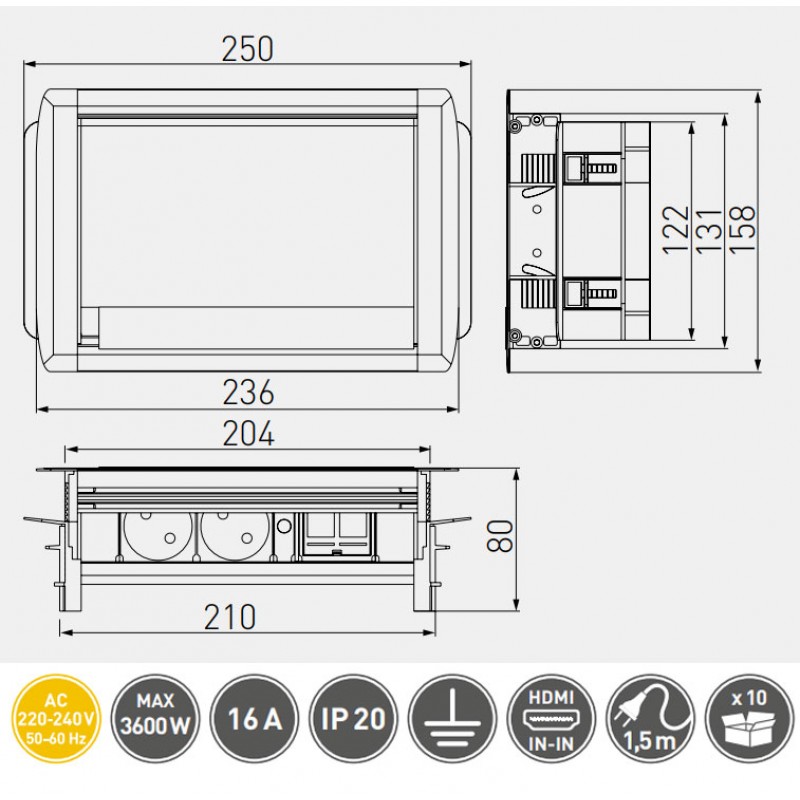 GTV Встраиваемая розетка прямоугольная (2розетки+HDMI) Schuko (Китай)