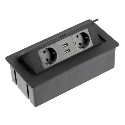 GTV Встраиваемая розетка SOFT прямоугольная Черная (2 розетки+2USB) Schuko (Китай)