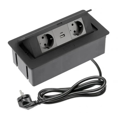 GTV Вбудована розетка SOFT прямокутна Чорна (2 розетки+1USB+1TypeC) Schuko