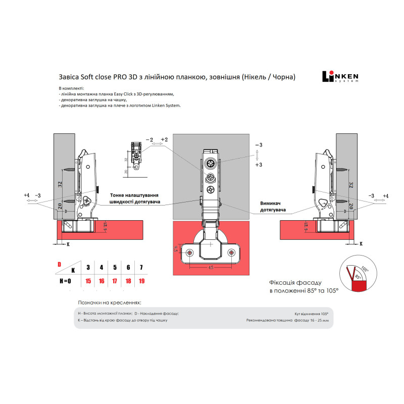 Завіса LinkenSystem A Soft close PRO - Black 3D (св. хід) зовнішня, лінійна лапка