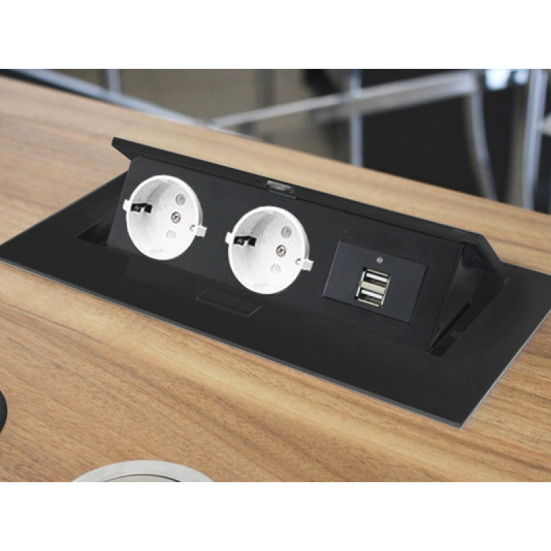 GTV Встраиваемая розетка прямоугольная Черная (2розетки+2USB) Schuko (Китай)