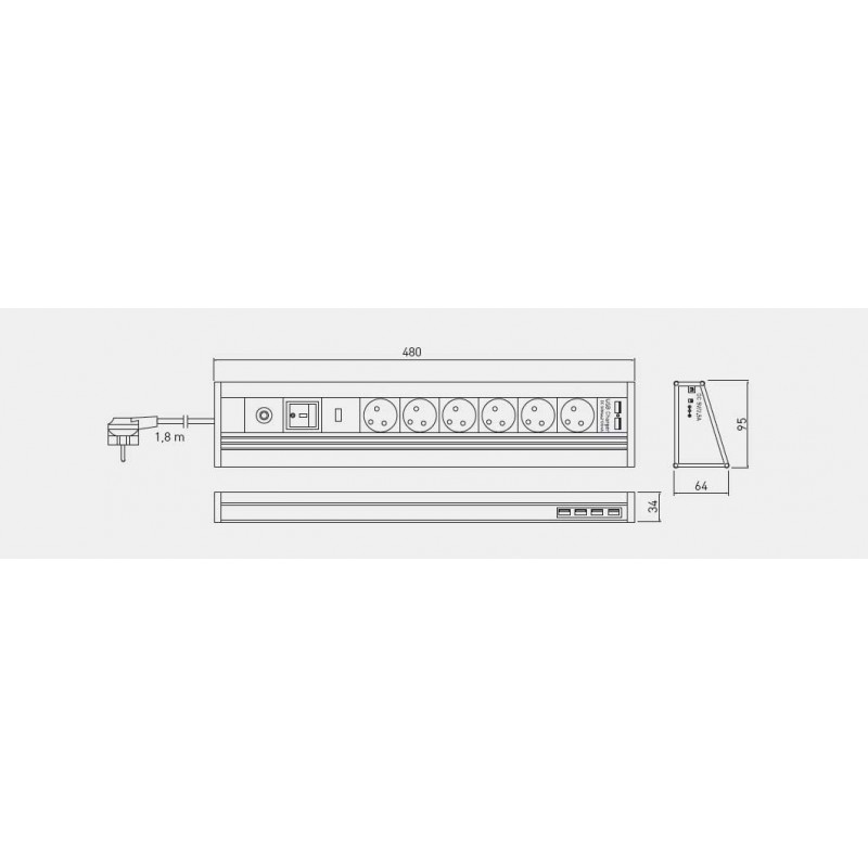 GTV Настільний подовжувач (6 розетки, 4-usb, 2usb-зарядка) Schuko (Китай)