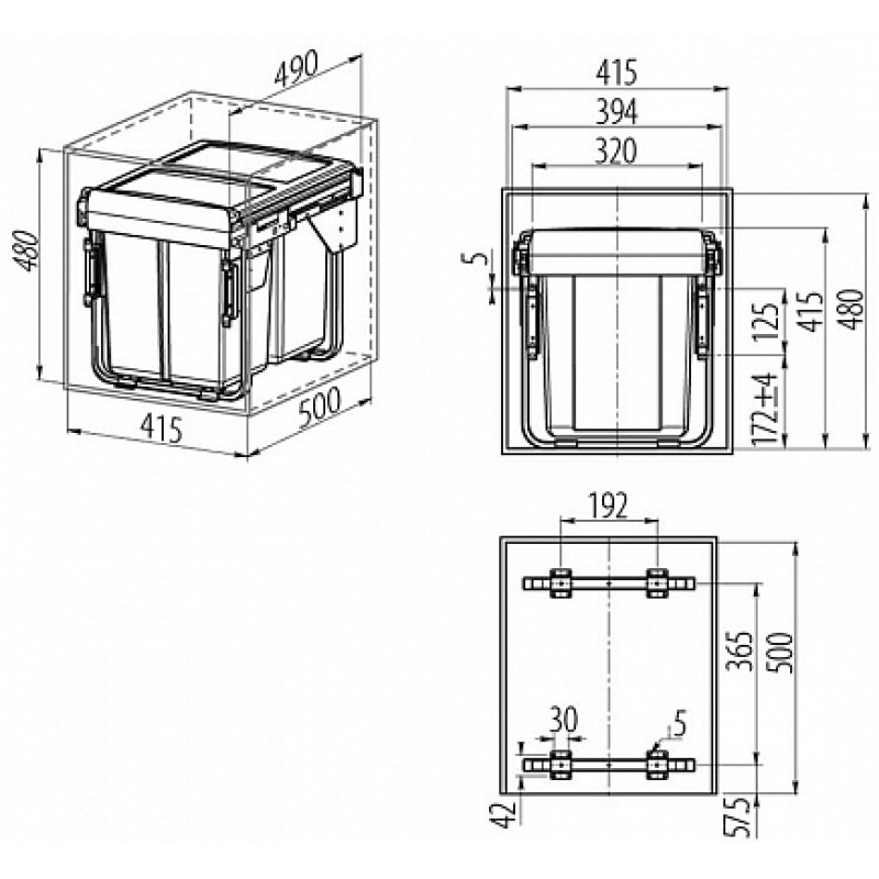 Відро-контейнер PRACTI ECO з довід. H = 415, L = 450, потрійне 1x20L + 2x10L, GTV