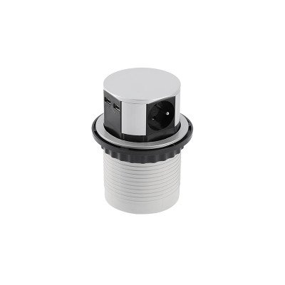 GTV Вбудована розетка COMFORT кругла сіра (3розеткі + 2USB) Schuko (Китай)