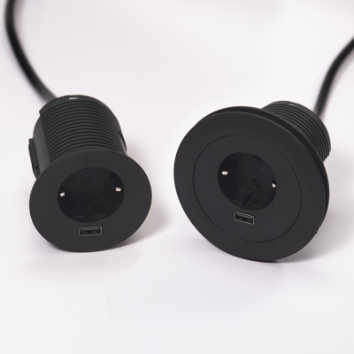 Встраиваемая розетка Versatag (1 силовая розетка + 1 USB 5V (1P),кабель -2м, диам. -80, черный ASA