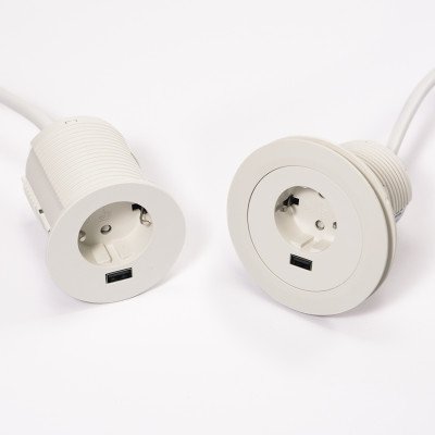 Встраиваемая розетка Versatag (1 силовая розетка + 1 USB 5V (1P),кабель -2м, диам. -80, белый ASA