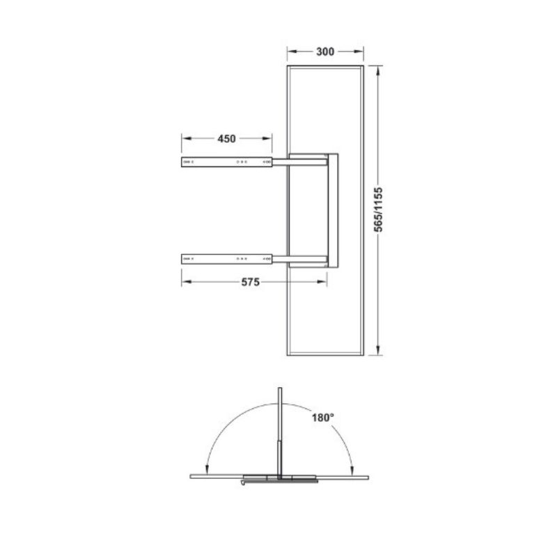 Выдвижное поворотное зеркало 300х38х1155 мм для шкафа глубиной от L=450 мм, алюминий, Hafele