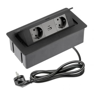 GTV Вбудована розетка SOFT прямокутна Чорна (2 розетки+1USB+1TypeC) Schuko