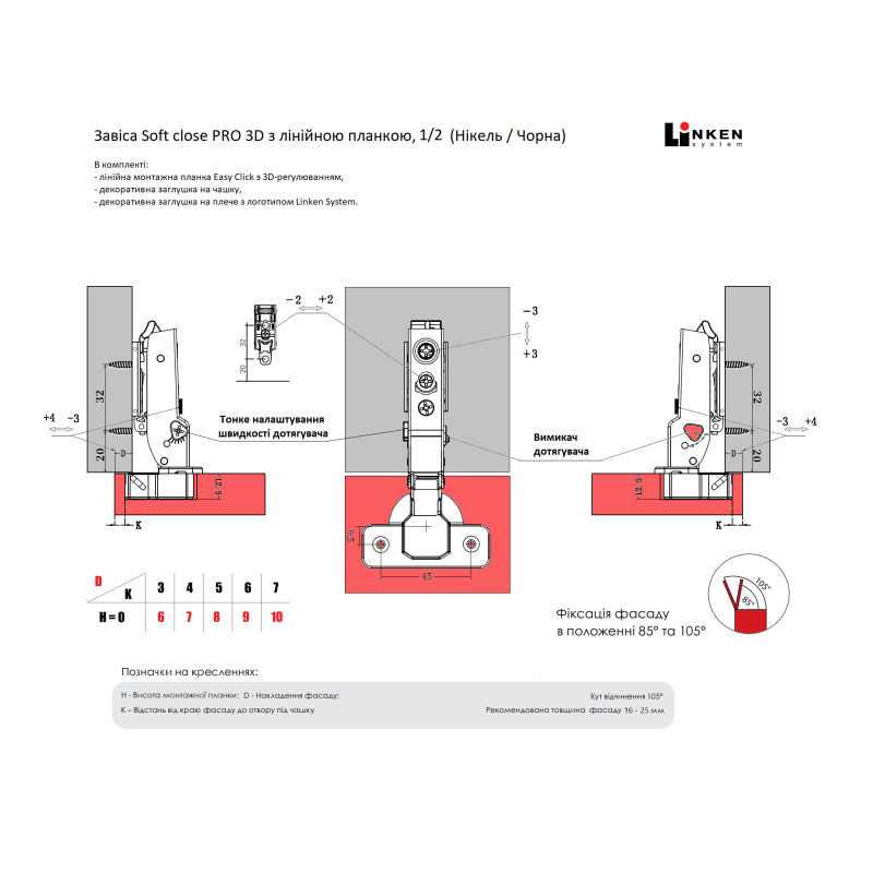 Завіса LinkenSystem A Soft close PRO 3D (св. хід) 1/2, лінійна лапка