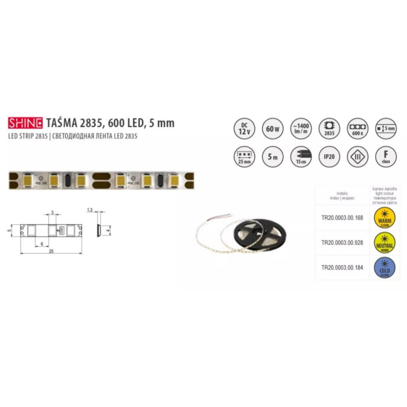 Світло - LED SHINE Стрічка 2835, 600 теплий білий, 12W, без оболонки PCB 5mm, 12V