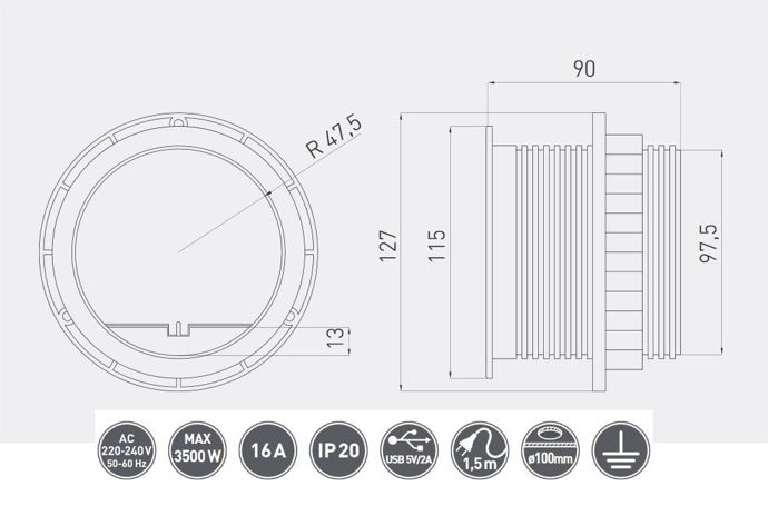 GTV Встраиваемая розетка круглая (1розетки+2USB) Schuko (Китай)